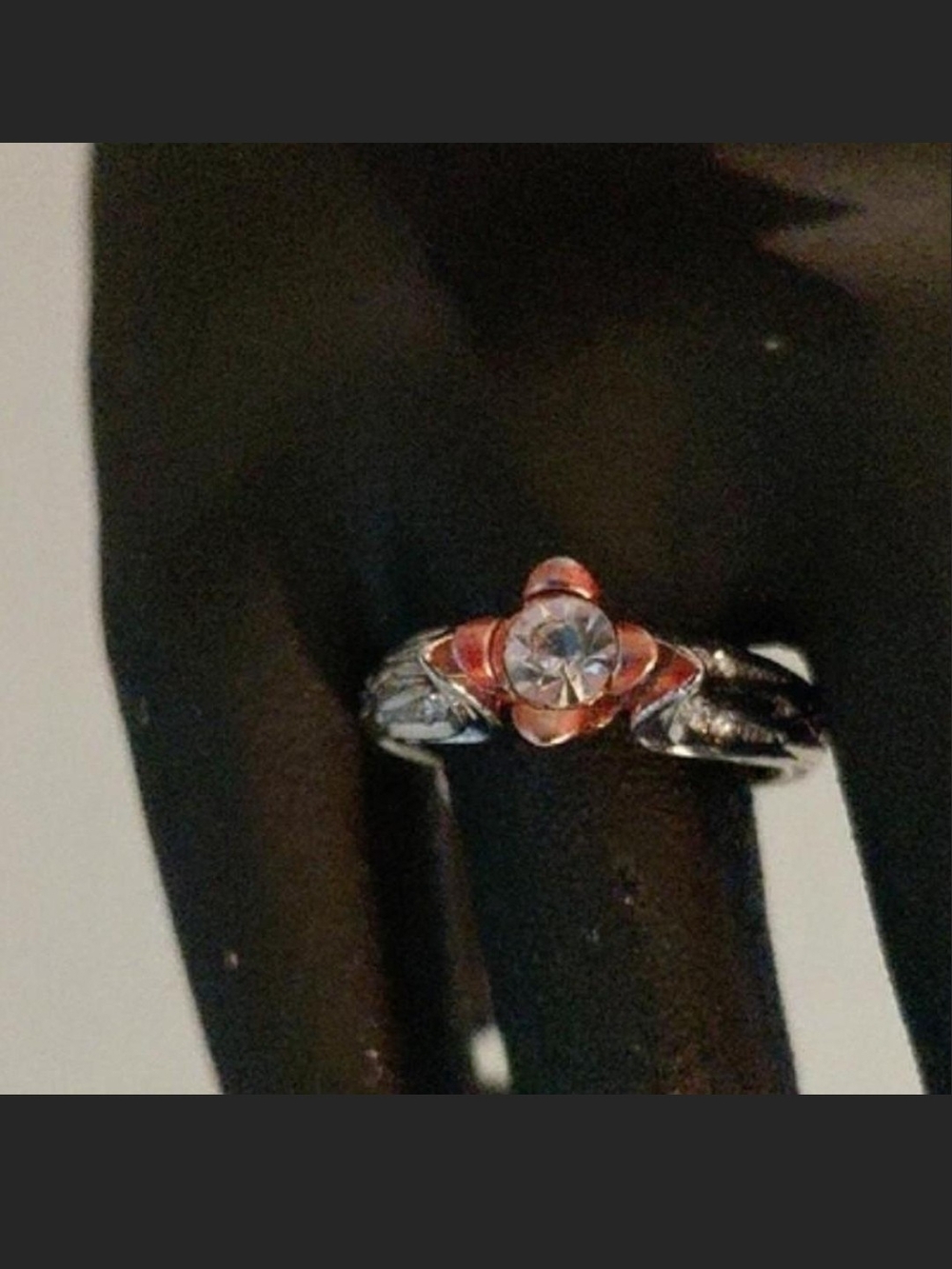 Source Unknown Silver and Rose Gold Floral Ring with Clear Stone